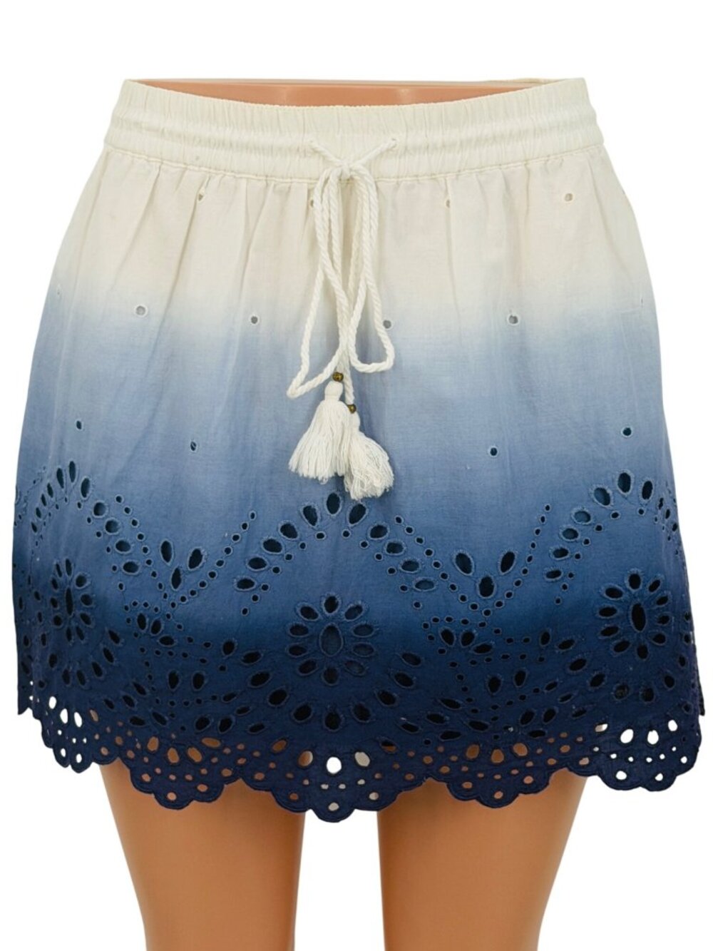 Express White Blue Ombre Eyelet Scalloped Tassel Mini Skirt | Coastal Boho 2K10s - Picture 13 of 16